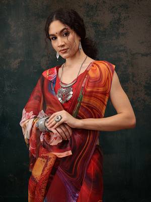 Brown Abstract Digital Printed Polyester Saree 2