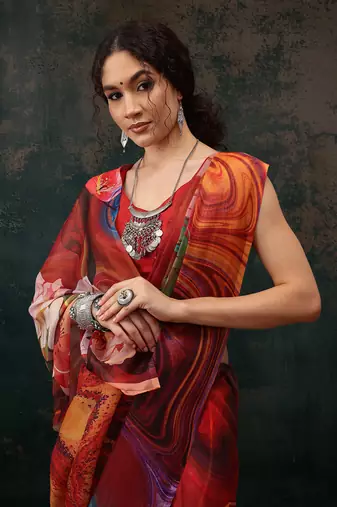 Brown Abstract Digital Printed Polyester Saree