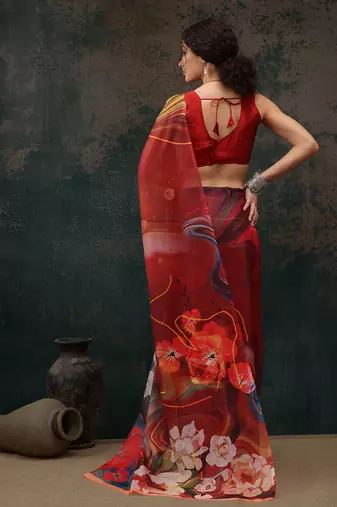 Brown Abstract Digital Printed Polyester Saree