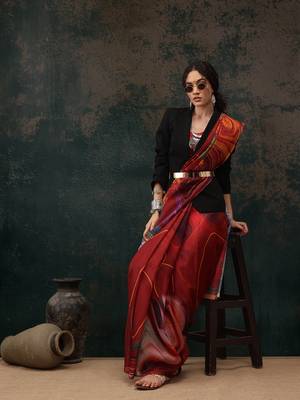 Brown Abstract Digital Printed Polyester Saree 4
