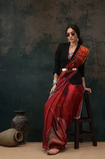 Brown Abstract Digital Printed Polyester Saree