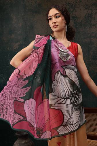 Yellow Abstract Digital Printed Polyester Saree
