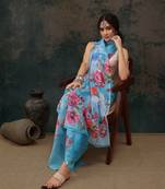 Blue Abstract Digital Printed Polyester Saree