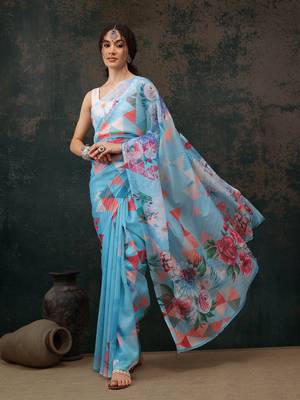 Blue Abstract Digital Printed Polyester Saree 2