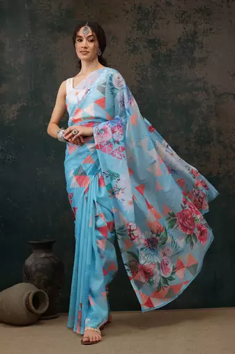 Blue Abstract Digital Printed Polyester Saree