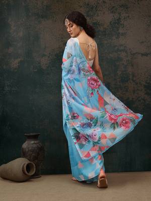 Blue Abstract Digital Printed Polyester Saree 3