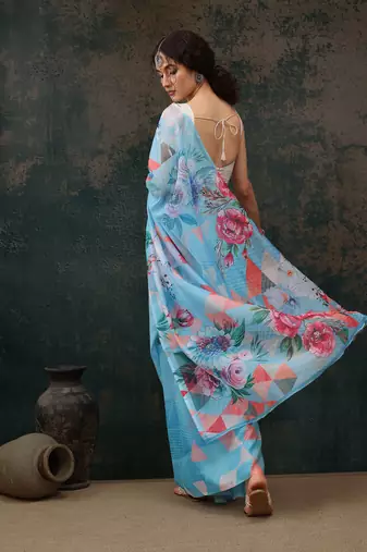Blue Abstract Digital Printed Polyester Saree