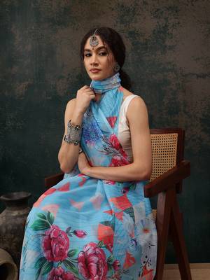Blue Abstract Digital Printed Polyester Saree 4