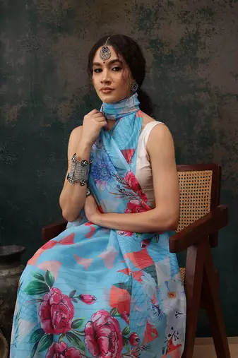 Blue Abstract Digital Printed Polyester Saree