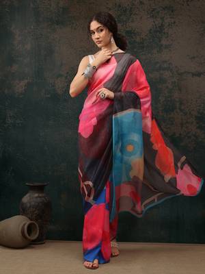 Multicolor Abstract Digital Printed Polyester Saree 1