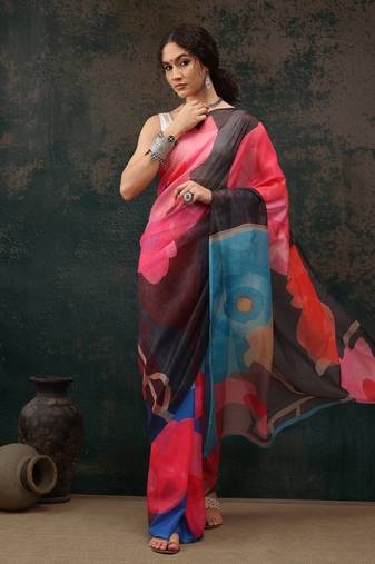 Multicolor Abstract Digital Printed Polyester Saree
