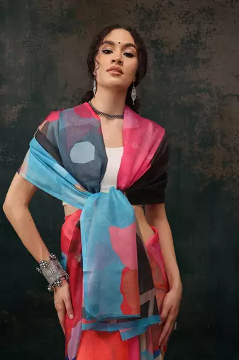 Multicolor Abstract Digital Printed Polyester Saree