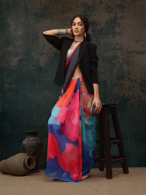 Multicolor Abstract Digital Printed Polyester Saree 4