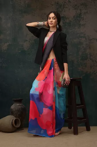 Multicolor Abstract Digital Printed Polyester Saree