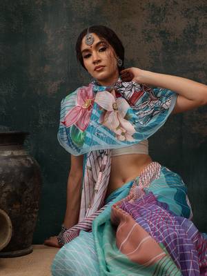 Multicolor Abstract Digital Printed Polyester Saree 1