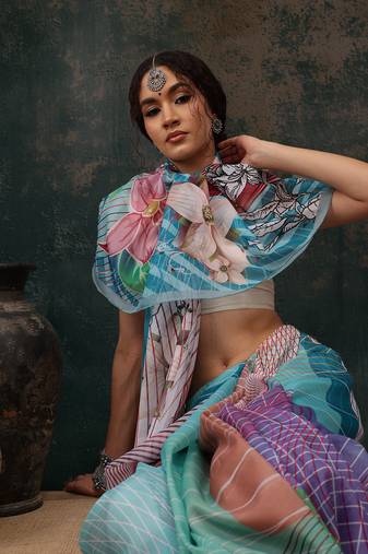 Multicolor Abstract Digital Printed Polyester Saree
