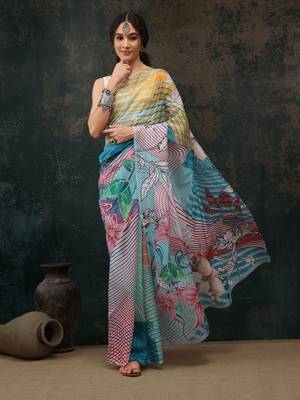 Multicolor Abstract Digital Printed Polyester Saree 2