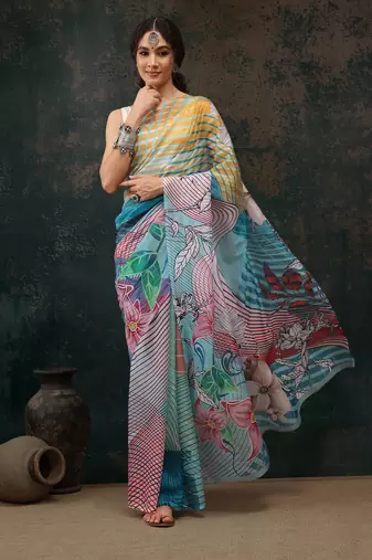 Multicolor Abstract Digital Printed Polyester Saree