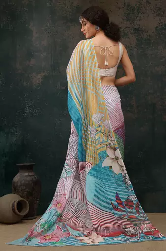 Multicolor Abstract Digital Printed Polyester Saree