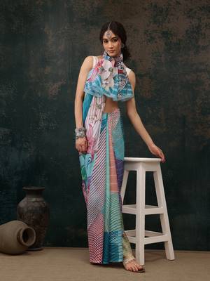 Multicolor Abstract Digital Printed Polyester Saree 4