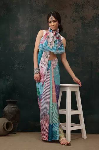 Multicolor Abstract Digital Printed Polyester Saree