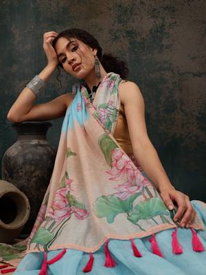 Blue Animal/Floral Digital Printed Cotton Blend Saree 1