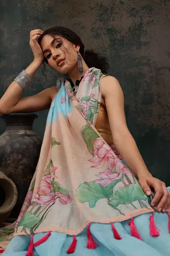 Blue Animal/Floral Digital Printed Cotton Blend Saree