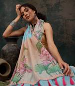 Blue Animal/Floral Digital Printed Cotton Blend Saree