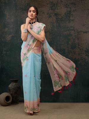 Blue Animal/Floral Digital Printed Cotton Blend Saree 2