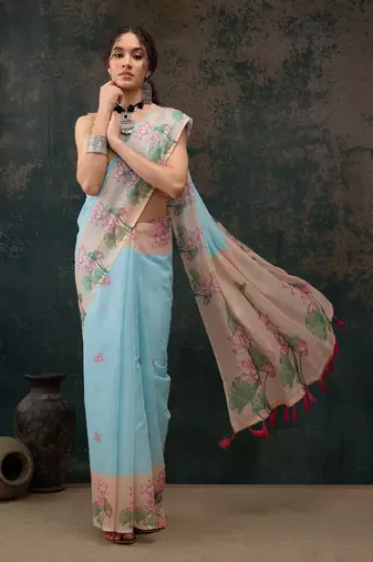 Blue Animal/Floral Digital Printed Cotton Blend Saree