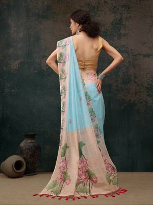 Blue Animal/Floral Digital Printed Cotton Blend Saree 3