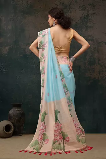 Blue Animal/Floral Digital Printed Cotton Blend Saree