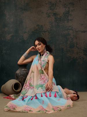 Blue Animal/Floral Digital Printed Cotton Blend Saree 4