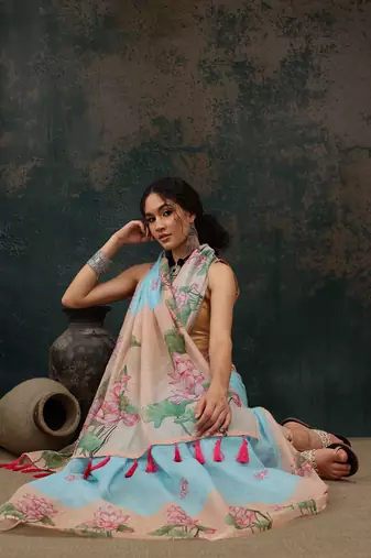 Blue Animal/Floral Digital Printed Cotton Blend Saree