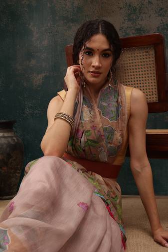 Lavender Animal/Floral Digital Printed Cotton Blend Saree