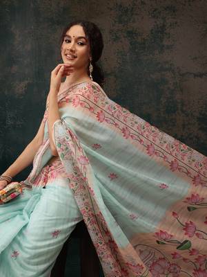 Teal Animal/Floral Digital Printed Cotton Blend Saree 1