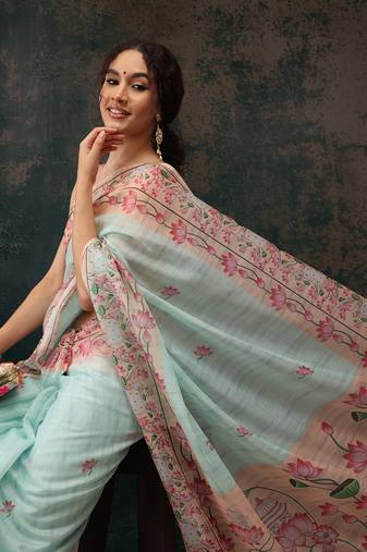 Teal Animal/Floral Digital Printed Cotton Blend Saree