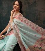 Teal Animal/Floral Digital Printed Cotton Blend Saree