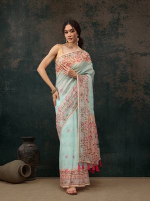 Teal Animal/Floral Digital Printed Cotton Blend Saree 2