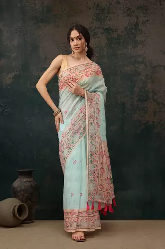 Teal Animal/Floral Digital Printed Cotton Blend Saree