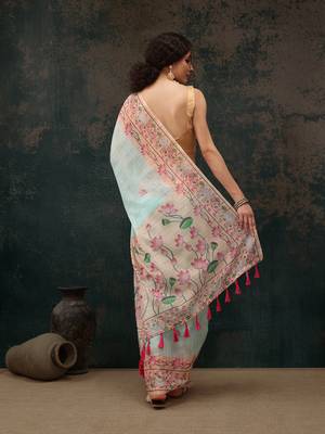 Teal Animal/Floral Digital Printed Cotton Blend Saree 3