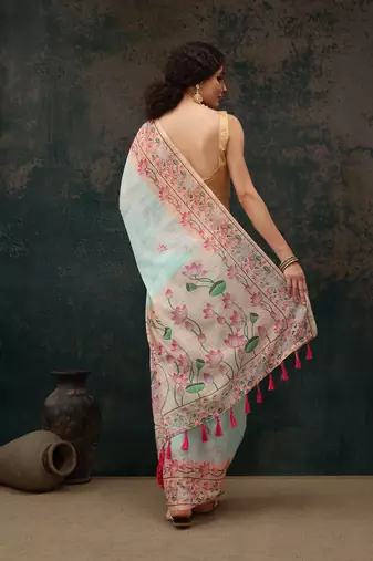 Teal Animal/Floral Digital Printed Cotton Blend Saree