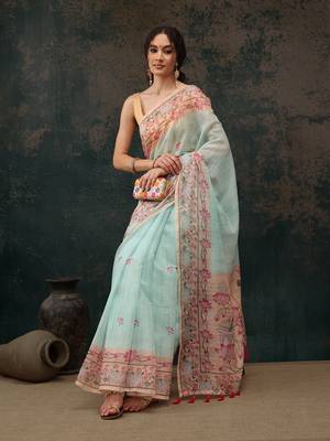 Teal Animal/Floral Digital Printed Cotton Blend Saree 4