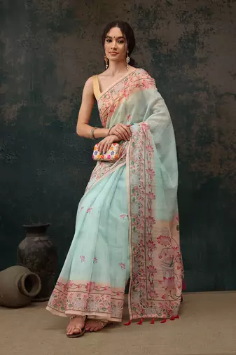 Teal Animal/Floral Digital Printed Cotton Blend Saree