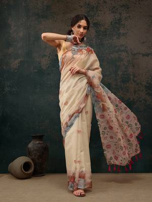 Beige Animal/Floral Digital Printed Cotton Blend Saree 1