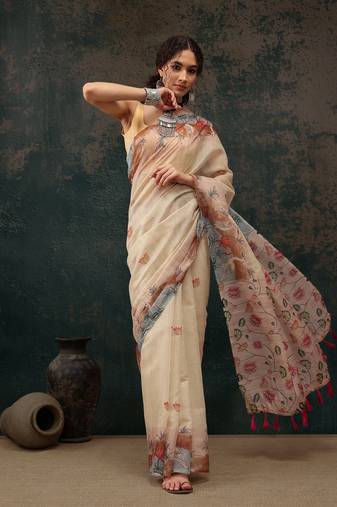 Beige Animal/Floral Digital Printed Cotton Blend Saree