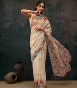 Beige Animal/Floral Digital Printed Cotton Blend Saree