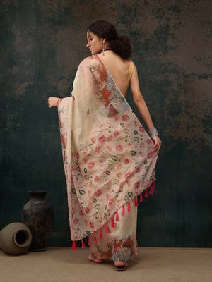 Beige Animal/Floral Digital Printed Cotton Blend Saree 3