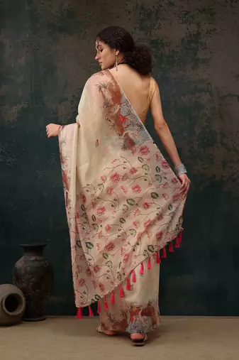 Beige Animal/Floral Digital Printed Cotton Blend Saree