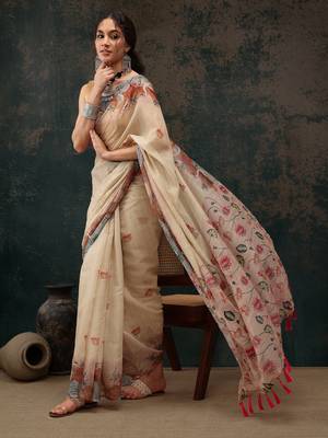 Beige Animal/Floral Digital Printed Cotton Blend Saree 4